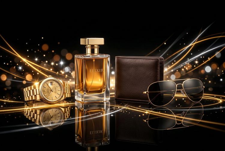 Relógio dourado, perfume, carteira de couro e óculos escuros sobre superfície preta